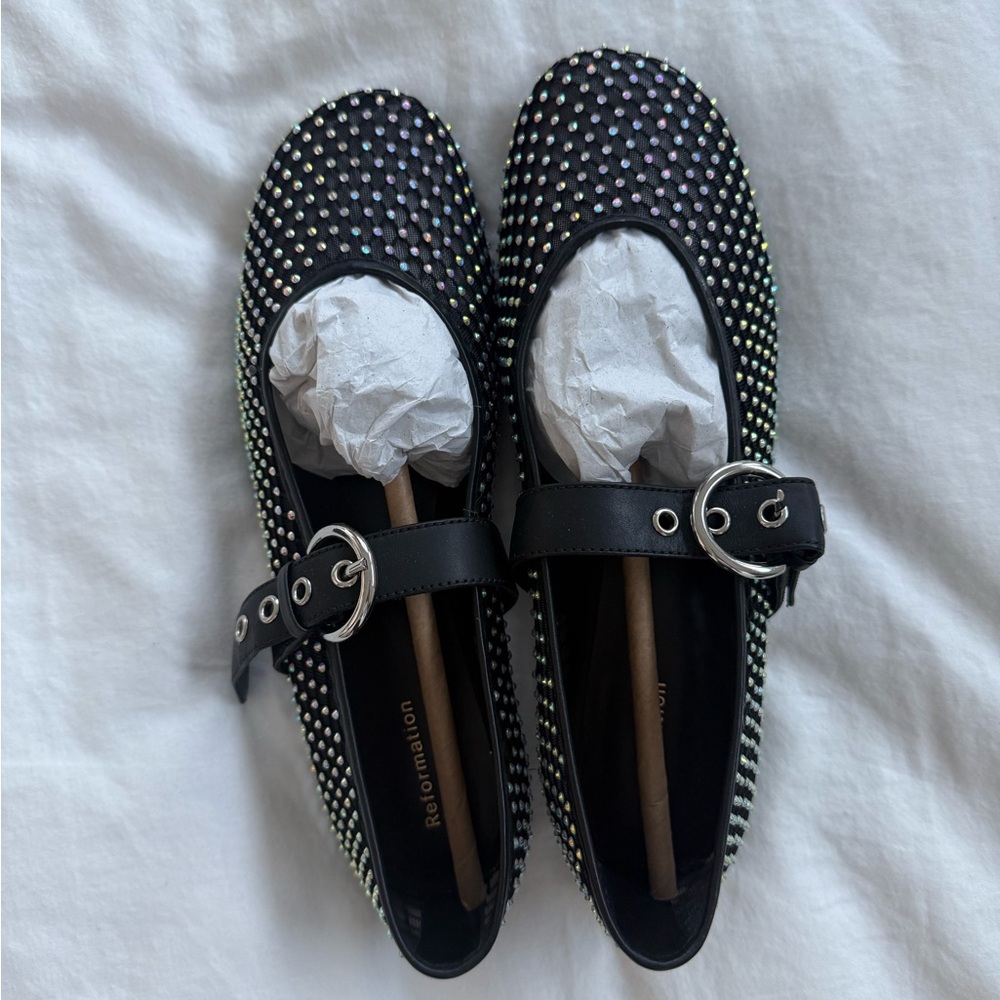 Reformation Black and Silver Bethany Ballet Flat